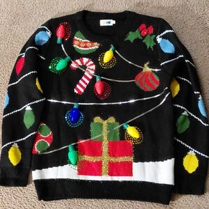 Festive Black Holiday Ugly Sweater with Colorful Bulbs Small